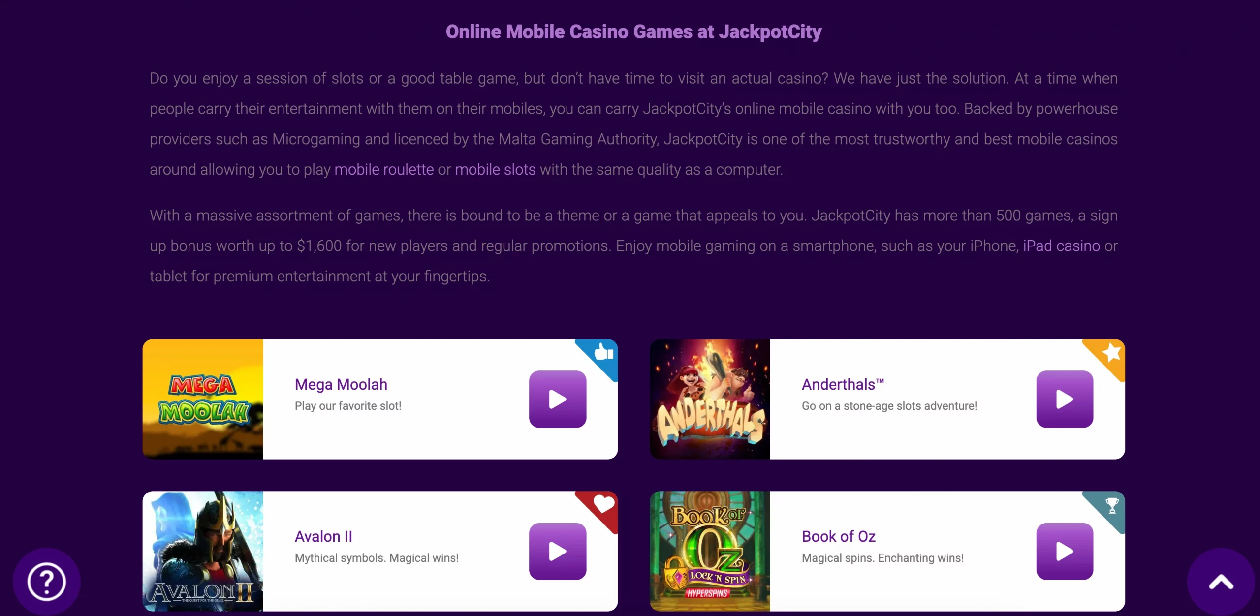 Jackpot City mobile games