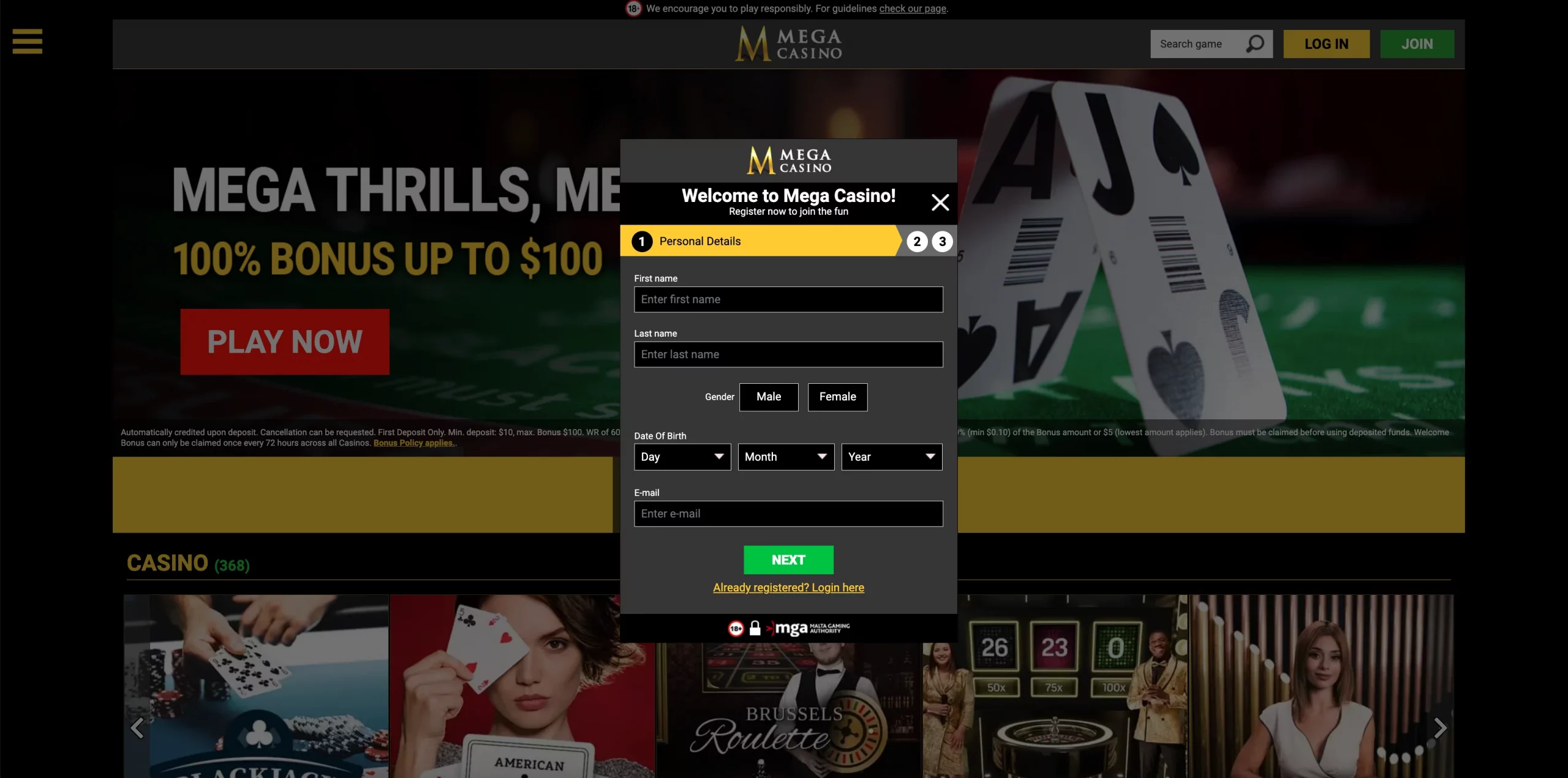 MegaCasino registration