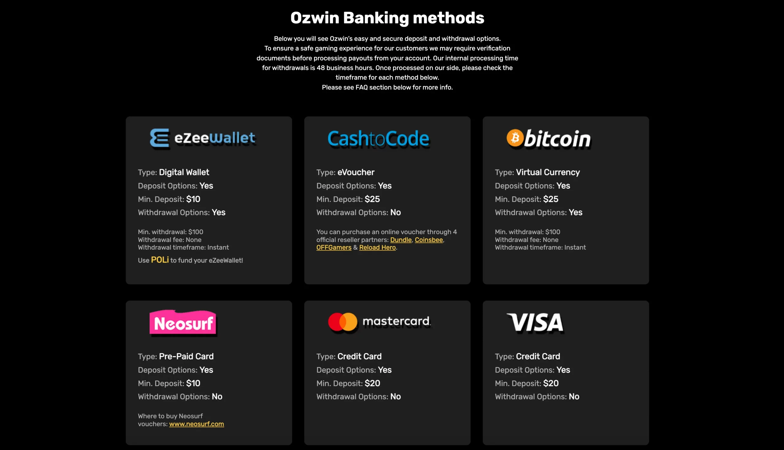 Ozwin Casino usa payments