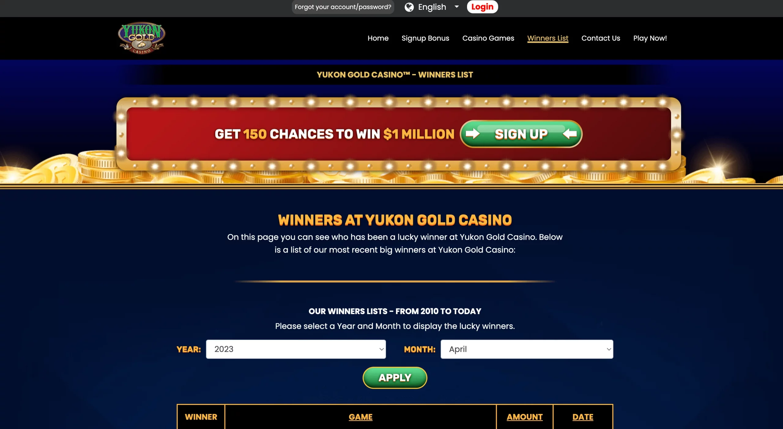 Yukon Gold Casino winner list