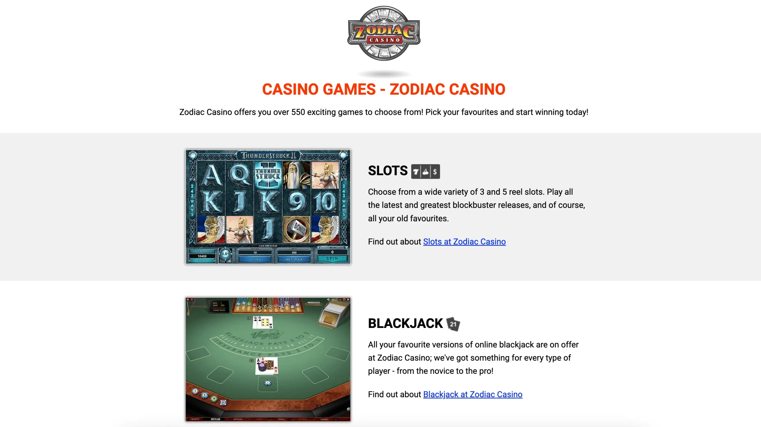 Zodiac Casino games
