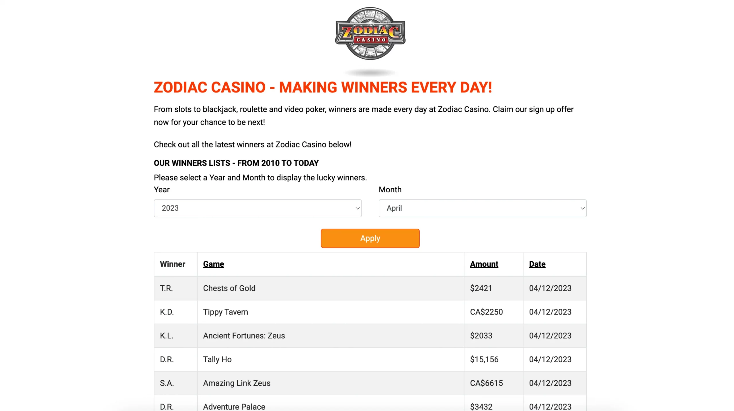 Zodiac Casino list of winner