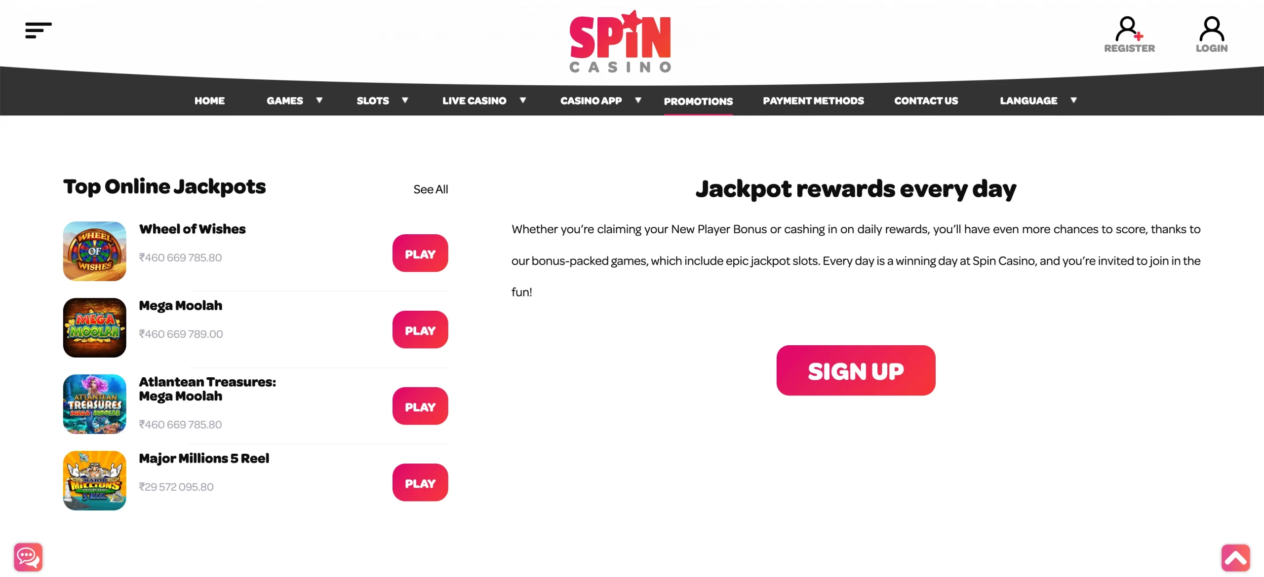 Spin Casino india jackpot bonus