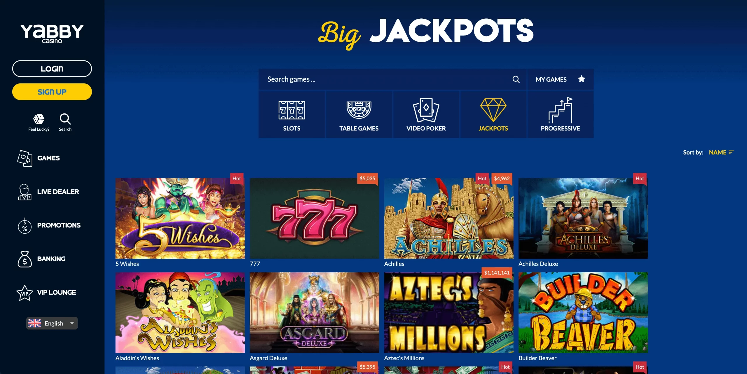 Yabby Casino jackpot games
