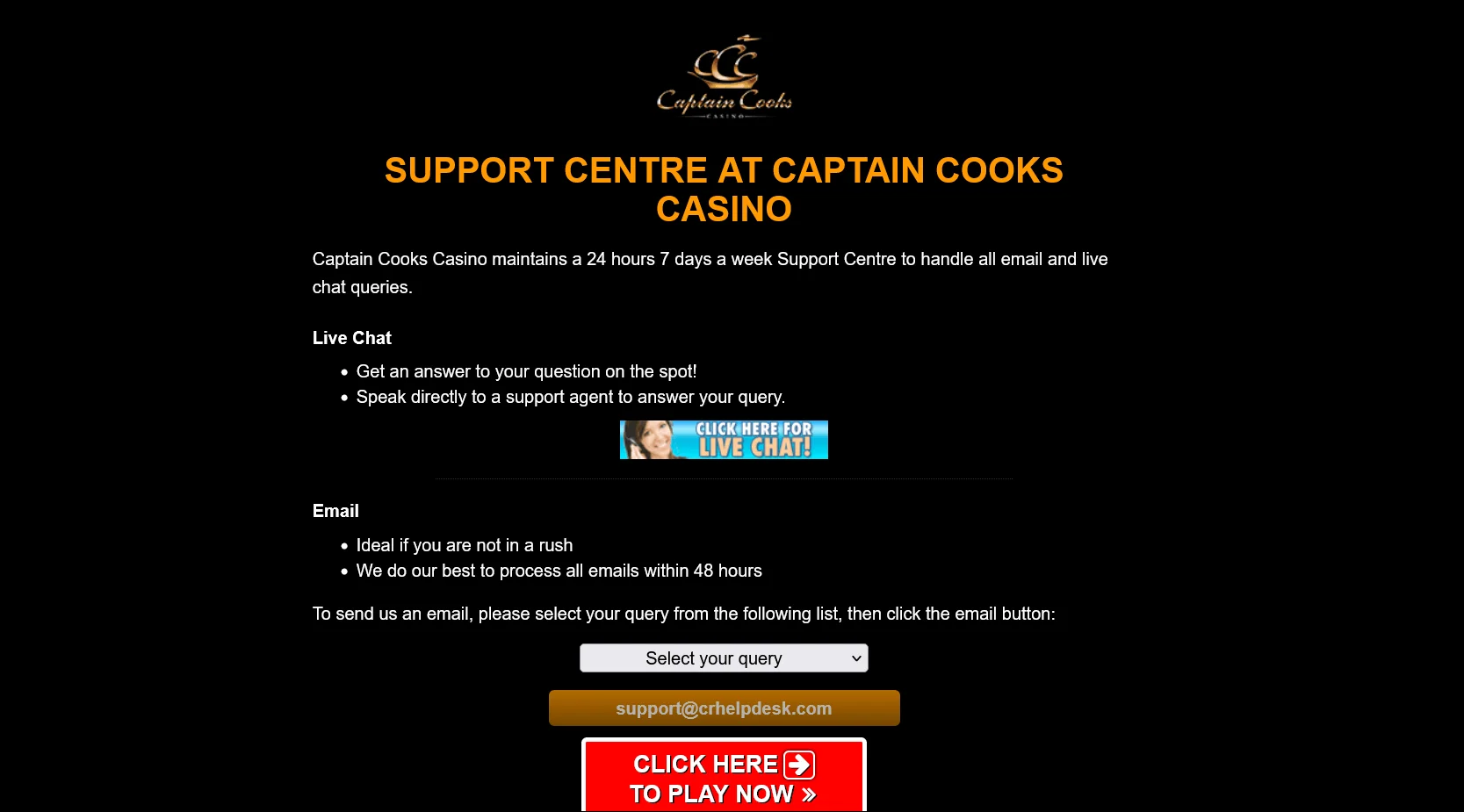 Opções de depósito e saque no Captain Cooks Casino
