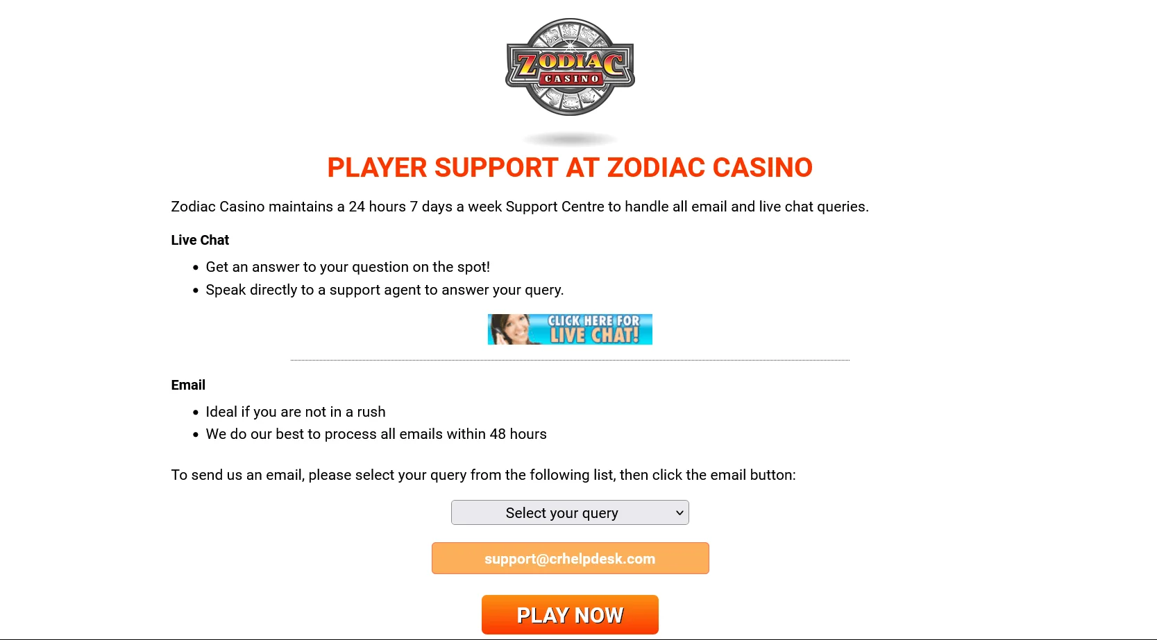 Zodiac Casino SUPPORT