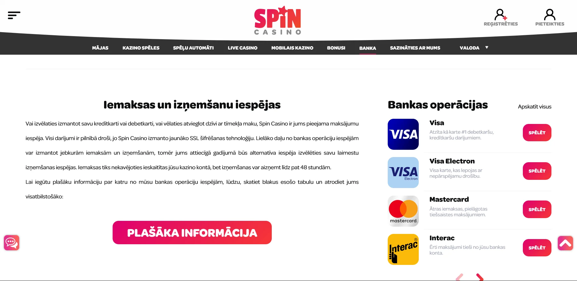 Spin Casino: Iemaksas un izņemšanas metodes, ierobežojumi